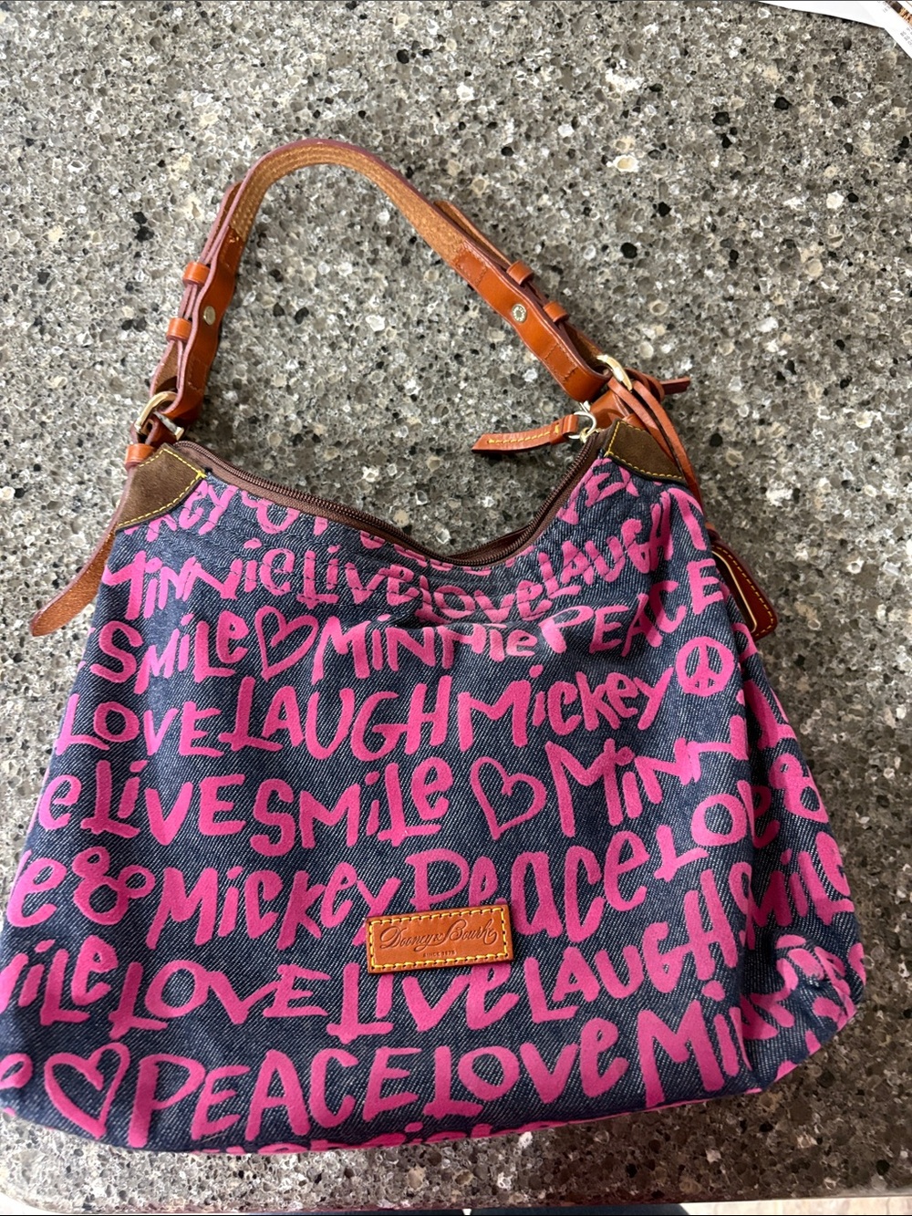 Vintage Dooney & Bourke Disney Pink Graffiti Canvas Hobo with Brown Leather Trim